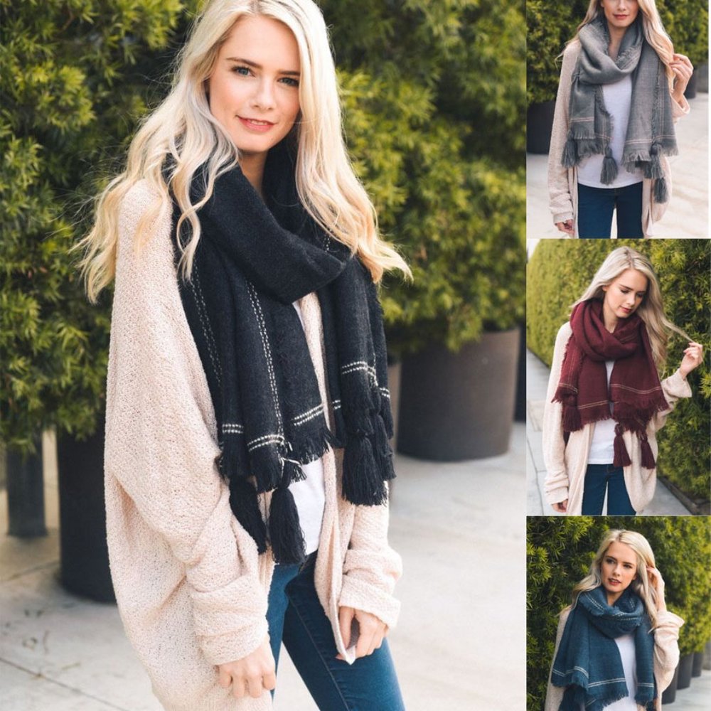 Tassel Corner Frayed Trim Blanket Scarf